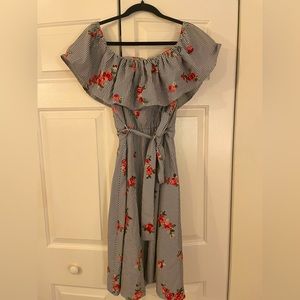 NWOT Calvin Klein blue and white pinstripe dress with pink floral detail